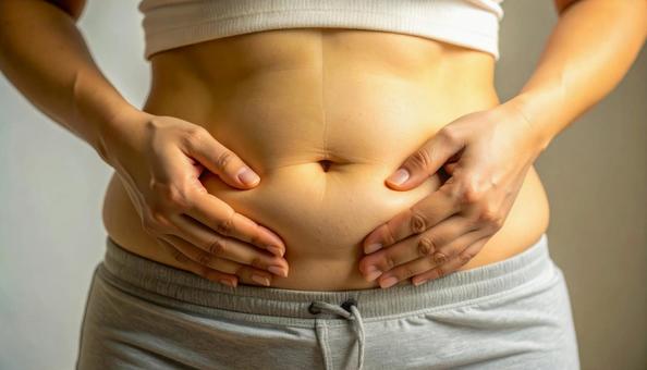 肥満でたるむお腹の贅肉をつまんでいる女性 肥満でたるむお腹の贅肉をつまんでいる女性の写真