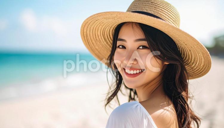 夏の麦わら帽子の女性 夏,麦わら帽子,女性の写真素材