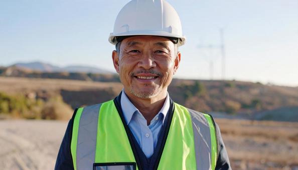 青空背景の現場監督・ヘルメットに作業着姿 青空背景の現場監督・ヘルメットに作業着姿の写真