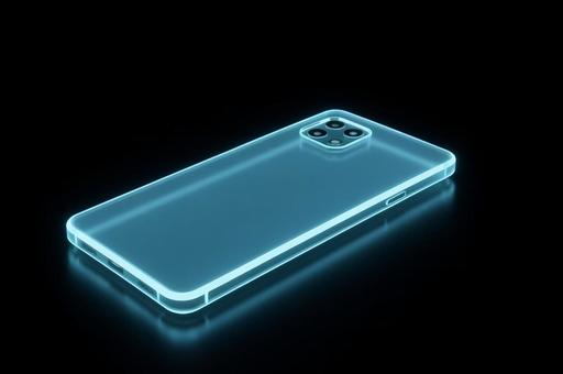 青色に光るスマートフォン 青色に光るスマートフォンの写真