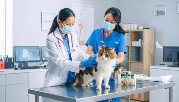 動物病院で診察台の猫を診察する女性獣医師 動物病院で診察台の猫を診察する女性獣医師の写真