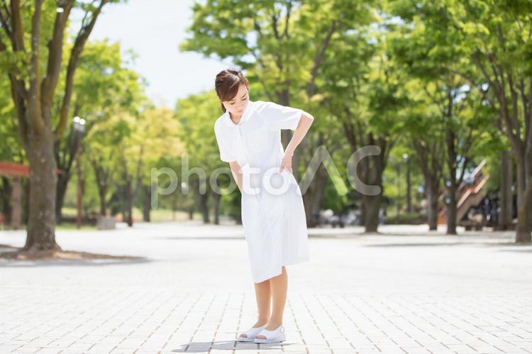 腰痛の白衣の女性 腰痛,腰,看護師の写真素材