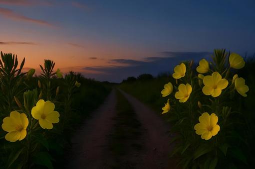 夕暮れの月見草小径の写真