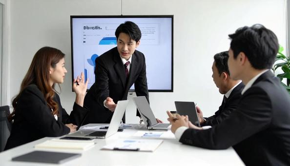 テーブルを囲んで会議するビジネスパーソン テーブルを囲んで会議するビジネスパーソンの写真