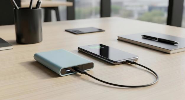 水色のモバイルバッテリーでスマホを充電す 水色のモバイルバッテリーでスマホを充電すの写真