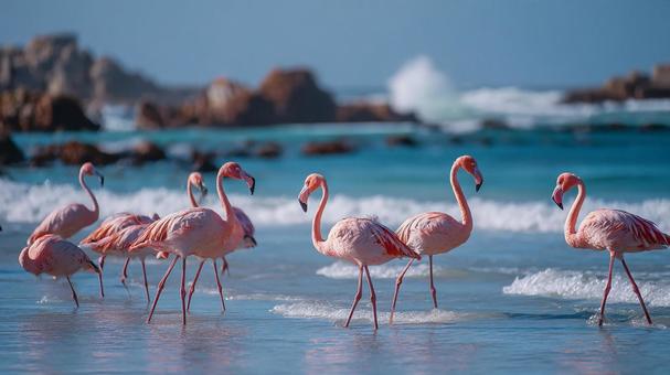 青い海と空の下、自然の中のフラミンゴ 青い海と空の下、自然の中のフラミンゴの写真