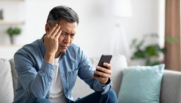 スマホを見て悩む中年の日本人男性の表情 スマホを見て悩む中年の日本人男性の表情の写真