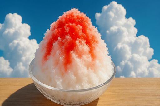 ふわふわないちごのかき氷と夏空 ふわふわないちごのかき氷と夏空の写真