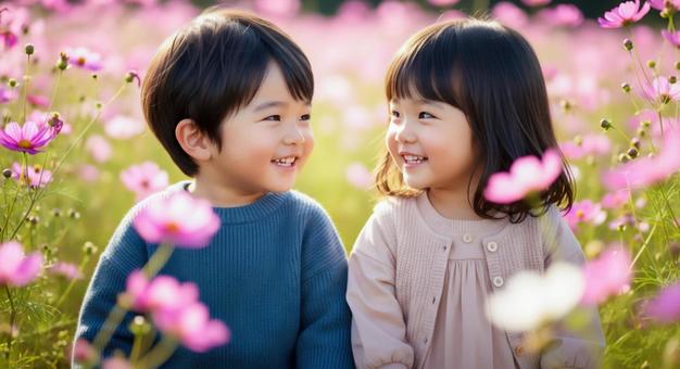 コスモス花畑で笑顔を交わす幼い兄妹 コスモス花畑で笑顔を交わす幼い兄妹の写真