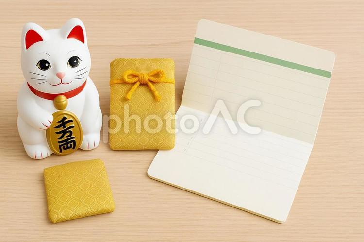 招き猫と金運アップの通帳セット・縁起物 招き猫,金運,通帳の写真素材