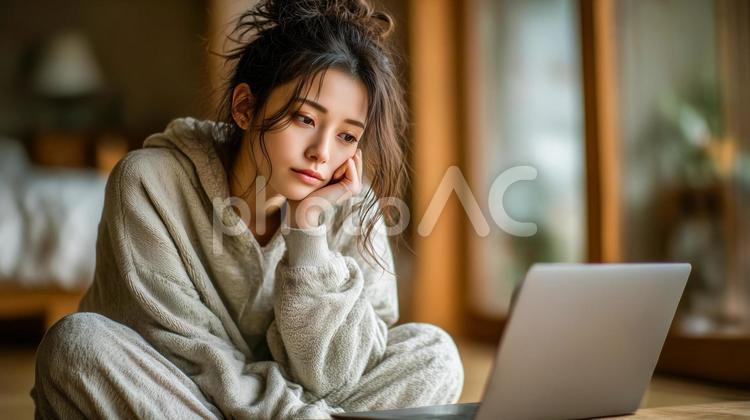 動画を見ながら考える女性 女性,悩む,考えるの写真素材