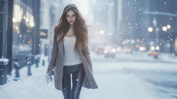 真冬の雪空を歩く女性の写真