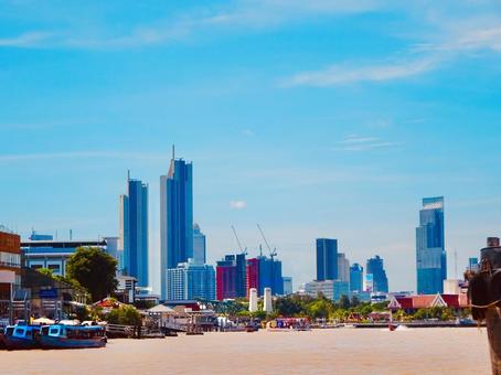 Chao Phraya River, skyscrapers and blue sky, JPG