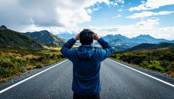 双眼鏡で道の先を見ている日本人男性の写真