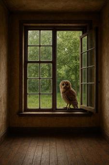 古民家の窓辺のフクロウ 古民家の窓辺のフクロウの写真