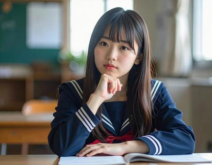 授業中に悩むセーラー服の女子学生 授業中に悩むセーラー服の女子学生の写真