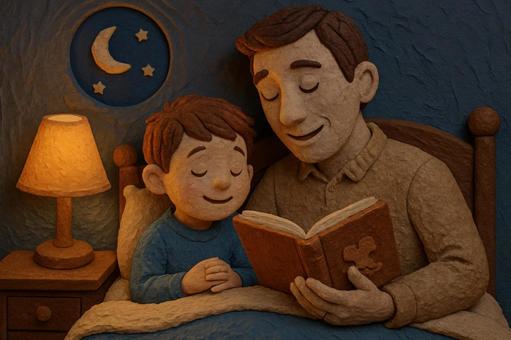 ベッドで絵本を読む優しい父親と男の子 ベッドで絵本を読む優しい父親と男の子の写真