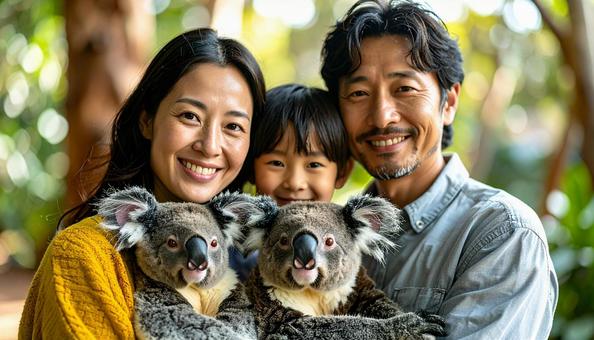 海外旅行 コアラを抱く家族 海外旅行 コアラを抱く家族の写真