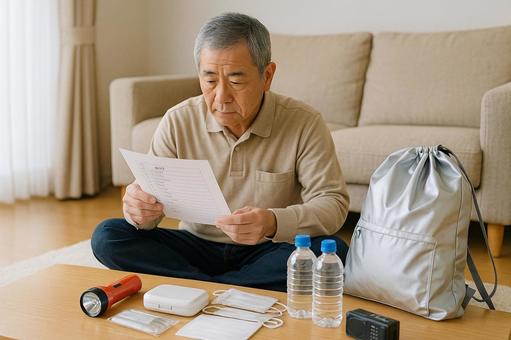 高齢者が災害時持ち出し袋を確認する様子 高齢者が災害時持ち出し袋を確認する様子の写真