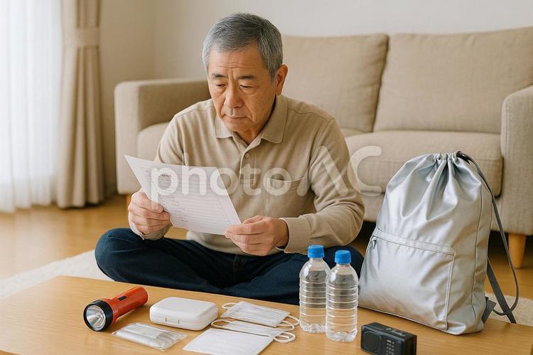 高齢者が災害時持ち出し袋を確認する様子 防災,高齢者,点検の写真素材