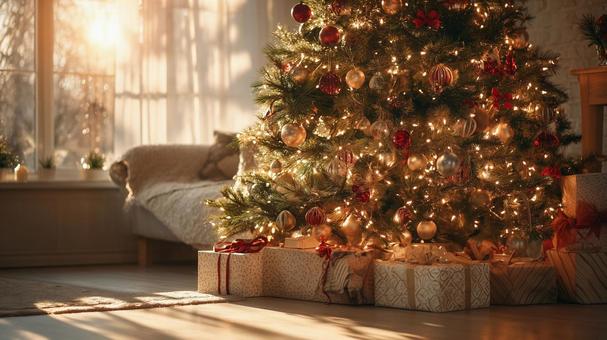 光に包まれたクリスマスツリーとプレゼントの写真