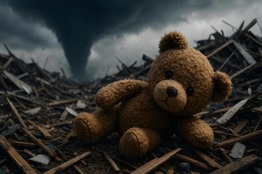 瓦礫に残るテディベア 瓦礫に残るテディベアの写真