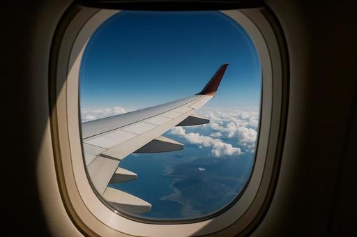 飛行機の窓から見た翼と空 飛行機の窓から見た翼と空の写真