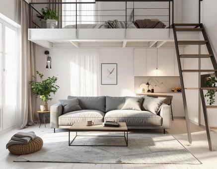 ロフトのあるシンプルなリビングルームの写真