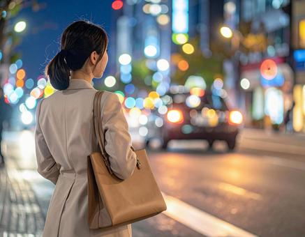 残業終わりにタクシーを待つ女性 残業終わりにタクシーを待つ女性の写真