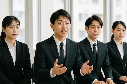 採用集団面接で話す男子学生 採用集団面接で話す男子学生の写真