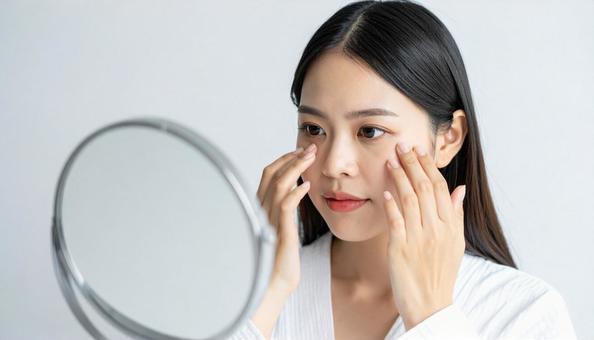鏡で目元をチェックする女性 鏡で目元をチェックする女性の写真