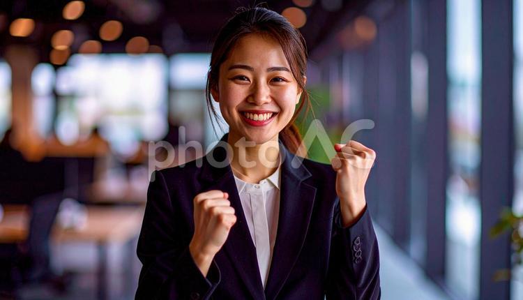 成功してガッツポーズするビジネスウーマン ビジネスウーマン,成功,自信の写真素材