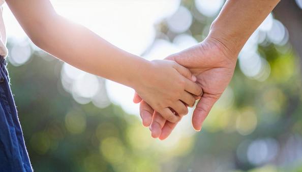 手を繋いで公園を歩く親子の手 手を繋いで公園を歩く親子の手の写真