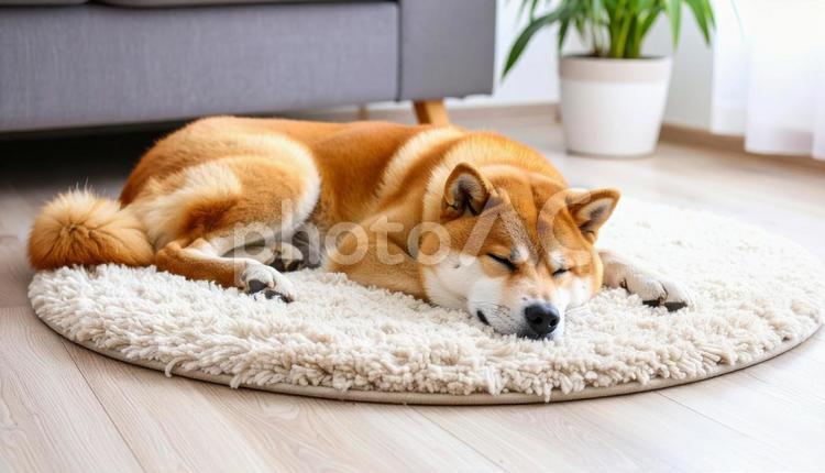 リビングで寝転ぶ可愛い秋田犬 秋田犬,寝転ぶ,犬の写真素材