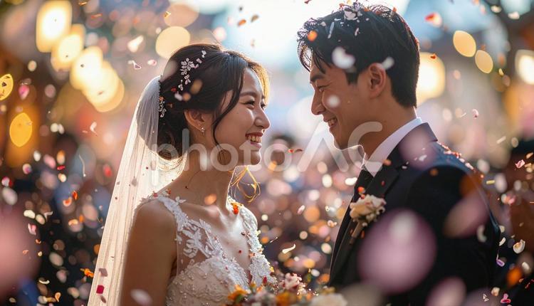 結婚を祝福される日本人新郎新婦 紙吹雪,人物,新郎の写真素材