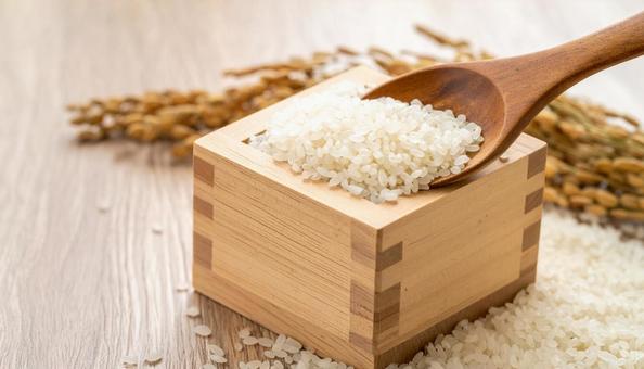 お米・白米を木のスプーンですくうの写真