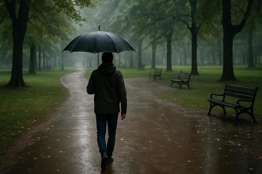 雨の公園を歩く人物 雨の公園を歩く人物の写真