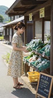 無人販売所で野菜を見繕う女性 無人販売所で野菜を見繕う女性の写真