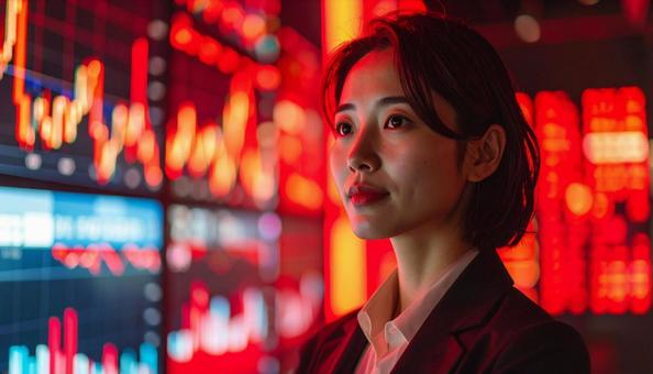 ディルプレイのチャートの前に立つ女性社員の写真