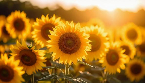 夕暮れ時のひまわり畑 夕暮れ時のひまわり畑の写真