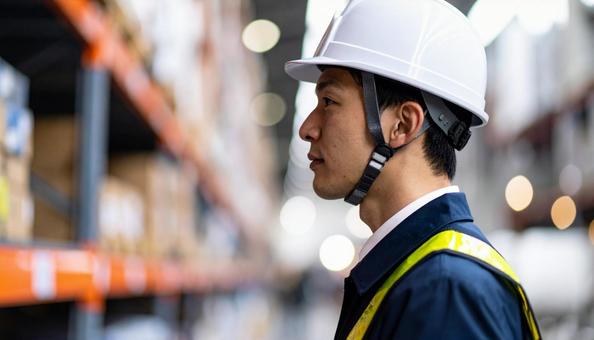 ヘルメットをかぶった作業服の男性の横顔 ヘルメットをかぶった作業服の男性の横顔の写真