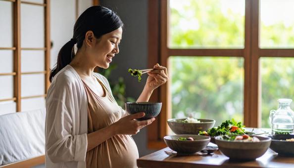 食事を美味しそうに食べる妊婦 食事を美味しそうに食べる妊婦の写真