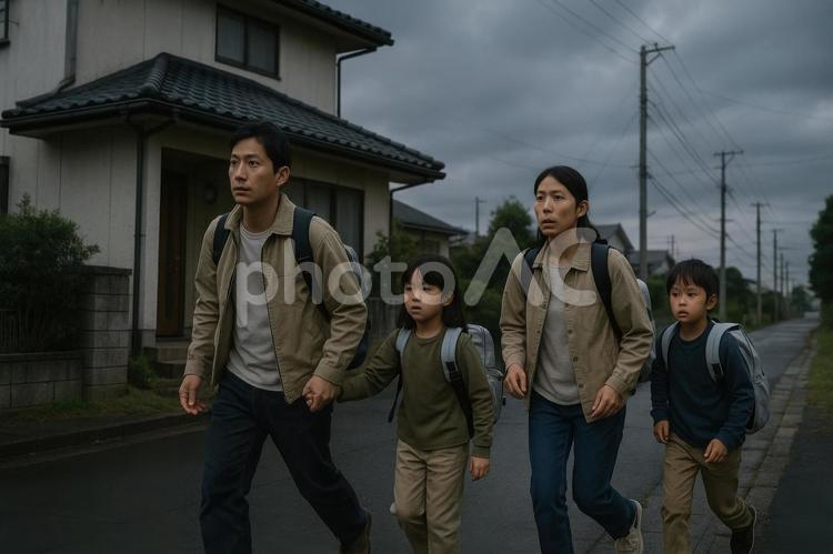 避難指示に従い外に出る家族 避難指示,家族,防災の写真素材