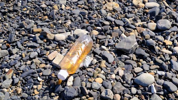 お茶が入ったペットボトルが海岸に落ちてる お茶が入ったペットボトルが海岸に落ちてる 浜に上がる,浜,ゴミの写真素材