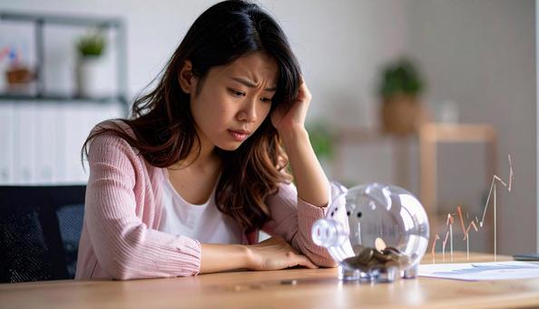 投資か貯金、どちらがいいか悩む若い女性 投資か貯金、どちらがいいか悩む若い女性の写真