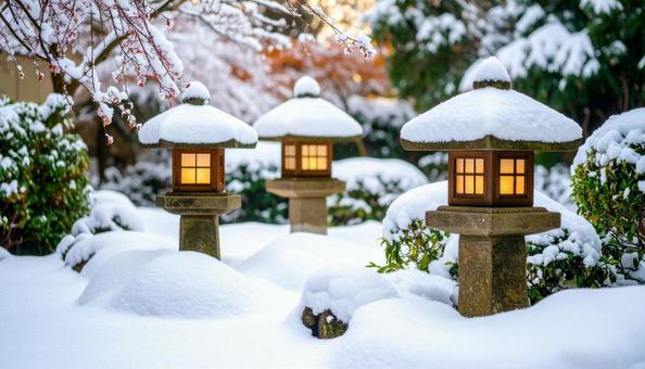 雪化粧をした日本庭園の灯籠と冬の植栽 雪化粧をした日本庭園の灯籠と冬の植栽の写真