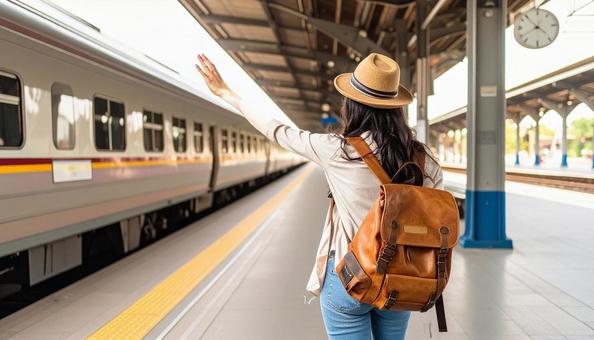 駅のホームで見送る女性 駅のホームで見送る女性の写真