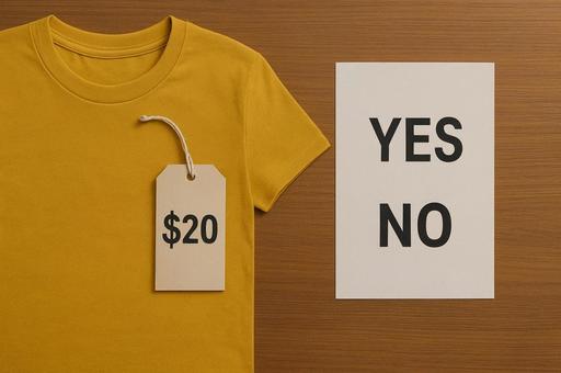 価格タグ付きTシャツと購入判断YESNOの写真