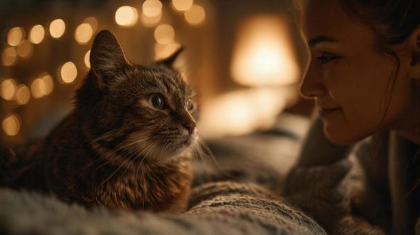 部屋の中で女性とリラックスする猫 部屋の中で女性とリラックスする猫の写真