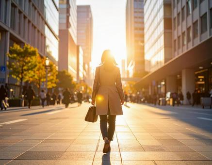 夕日に向かって歩く日本人女性 都会の街4 夕日に向かって歩く日本人女性 都会の街4の写真
